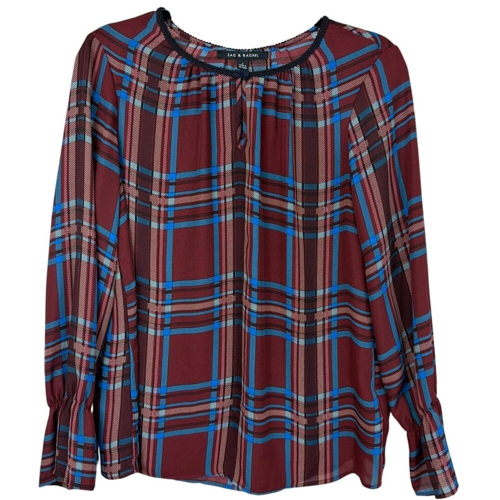 Zac & Rachel Multicolored Plaid Ruffle Cuff Keyhole Neck Blouse Size S